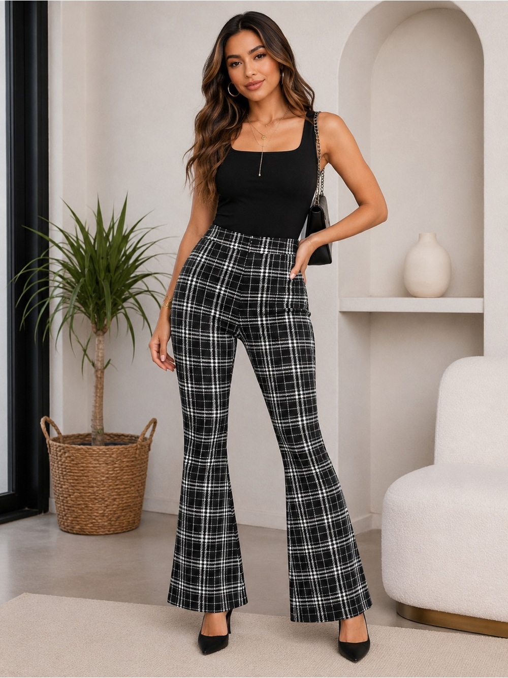 Chocolate USA Black White Plaid Flare Pants NWT